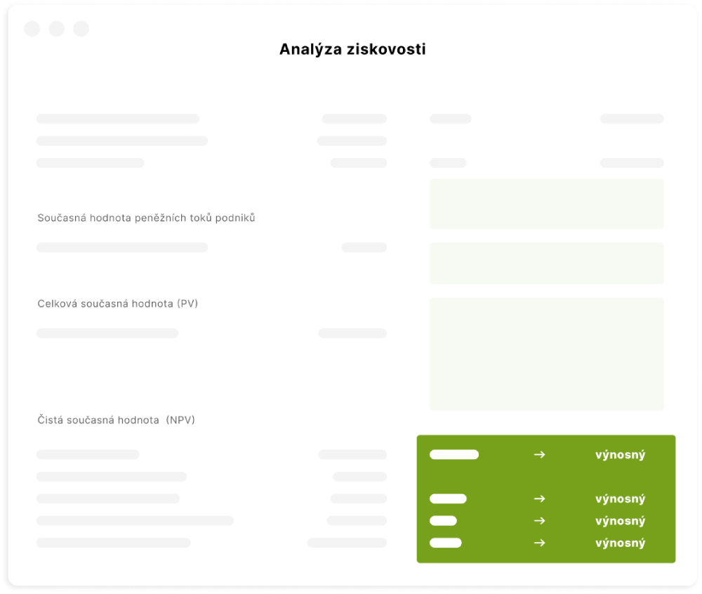 Invest for Excel profitability analysis illustration CZ